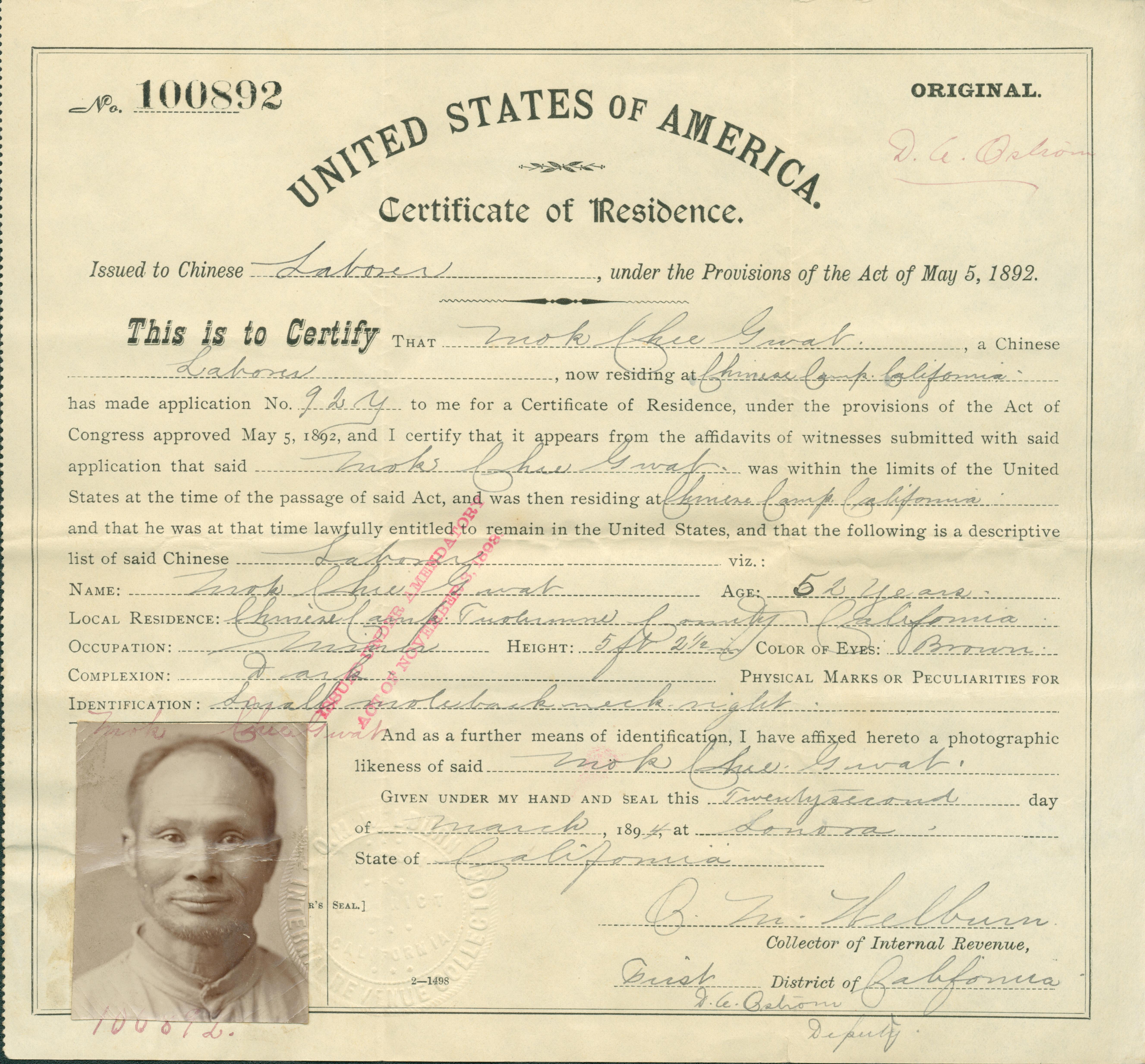 Shows certificate of residence with a portrait in the lower left